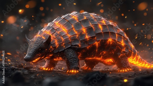 Fiery Armored Creature in a Mystical Landscape with Glowing Lava-Like Scales and Sparks in a Dark, Enchanted Forest Setting photo