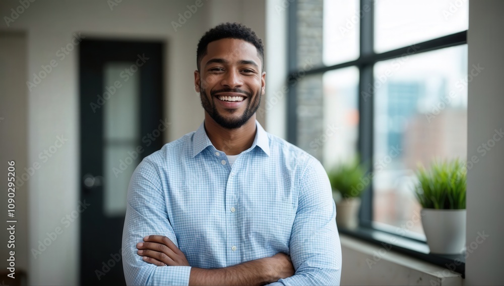 Naklejka premium Smiling cheerful young adult african american ethnicity man in casual attire looking at camera standing at home office background. Happy confident black guy headshot face front close up portrait