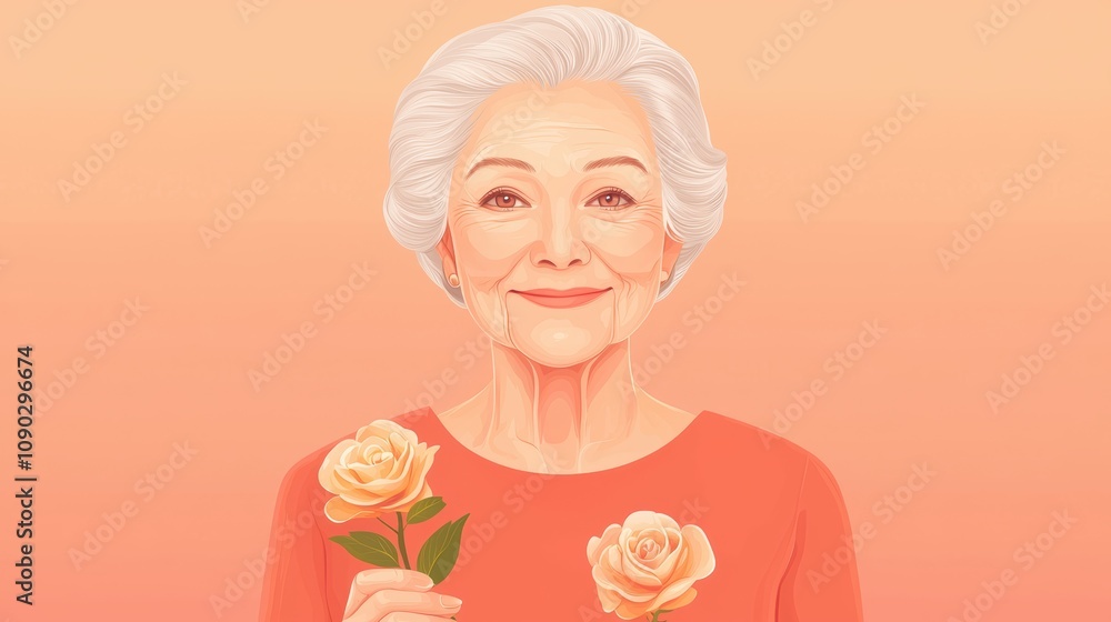 A joyful elderly woman with gray hair holds two roses