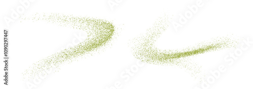 Flying matcha powder, dust particles in motion, green splashes isolated on white background. Vector illustration.