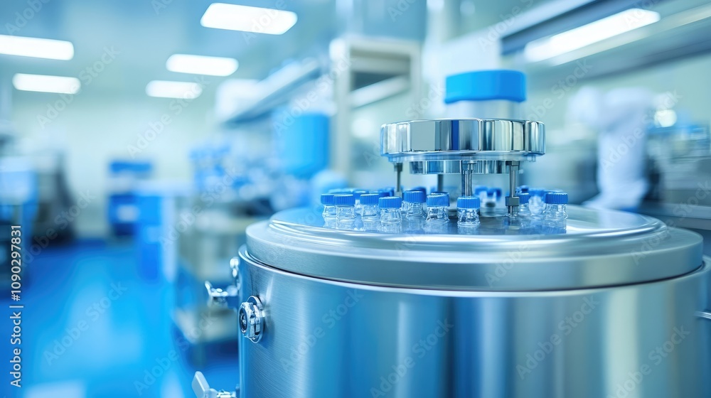 Stainless Steel Laboratory Equipment in Modern Pharmaceutical Manufacturing Facility with Vials, Cleanroom Environment, and Advanced Technology Setup Stainless Steel Laboratory Equipment in Modern Pharmaceutical Manufacturing Facility with Vials, Cleanroom Environment, and Advanced Technology Setup