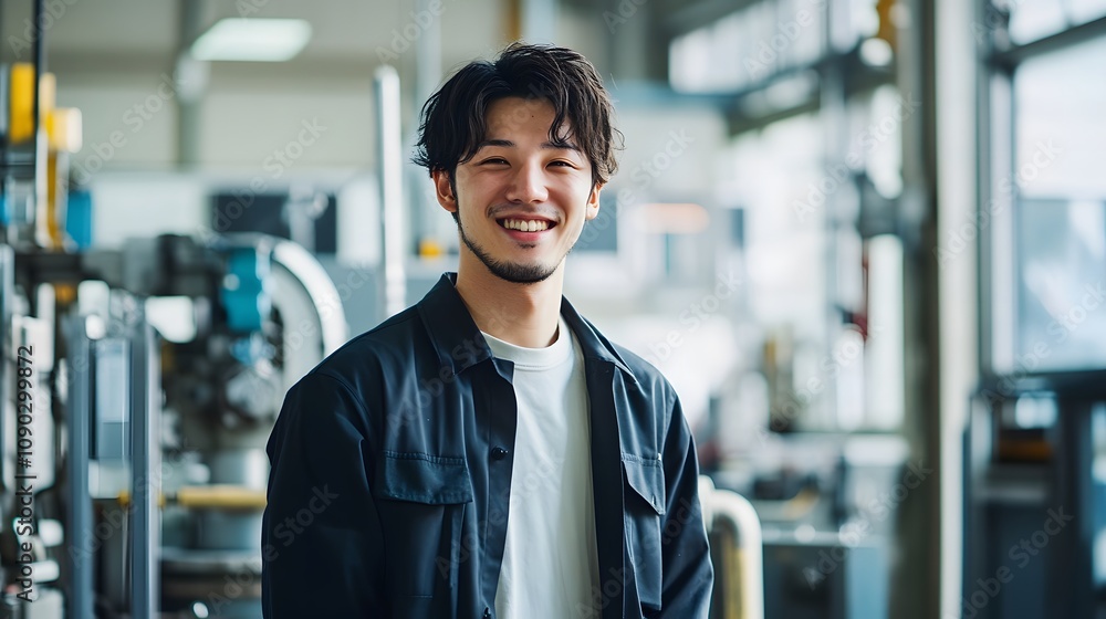 Obraz premium 工場で働く笑顔の日本人男性