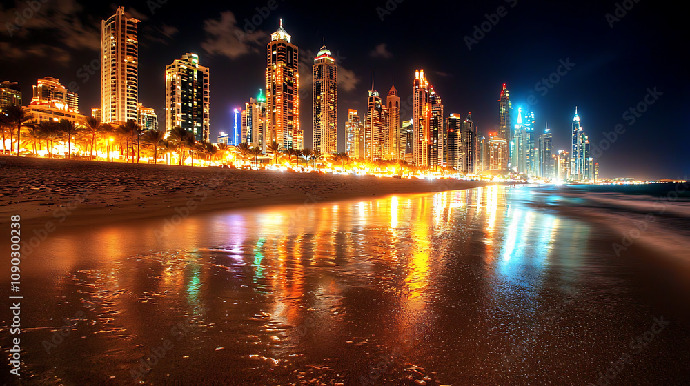 Fototapeta premium illuminated skyline of Dubai reflects beautifully on calm waters, showcasing vibrant cityscape at night. scene captures essence of urban life and tranquility