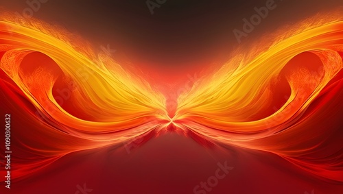 Abstract art with golden yellow and fiery red symmetrical curves, resembling wings or flames, blending into a soft gradient background. photo