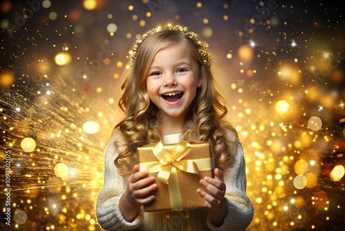 A Happy Girl with a Golden Gift Festive Sparkle Illustration