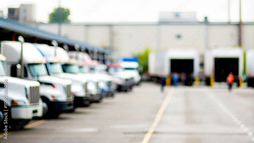Fototapeta premium Loading Dock Haze – A softly blurred view of a loading dock with parked freight trucks. 