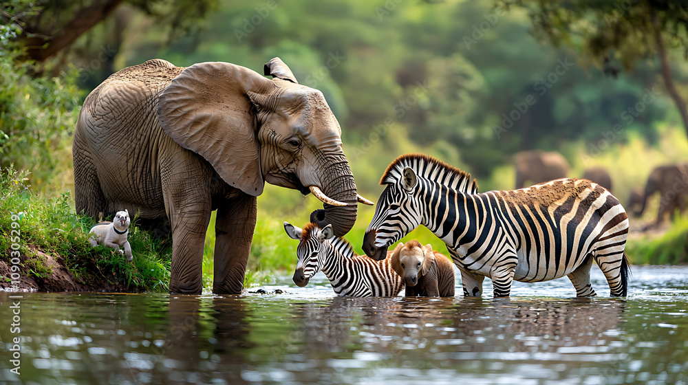 Fototapeta premium Elephants and zebras interact near serene water body in wild, showcasing beauty of nature. This peaceful scene captures essence of wildlife harmony