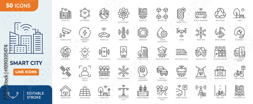 Smart City line editable icon set. Smart city icon set contains : infrastructure efficiency tech, future digital urban, autonomous building, etc. Editable stroke. Vector illustration	