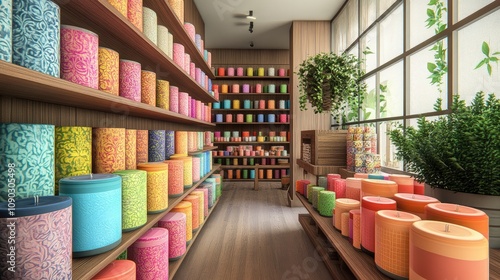 Brightly Colored Candle Shop Interior with Vibrant Displays of Various Candle Designs and a Bright, Airy Atmosphere for Home Decor Inspiration