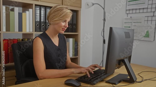 Woman using computer in an office room with documents shelves and charts on walls photo