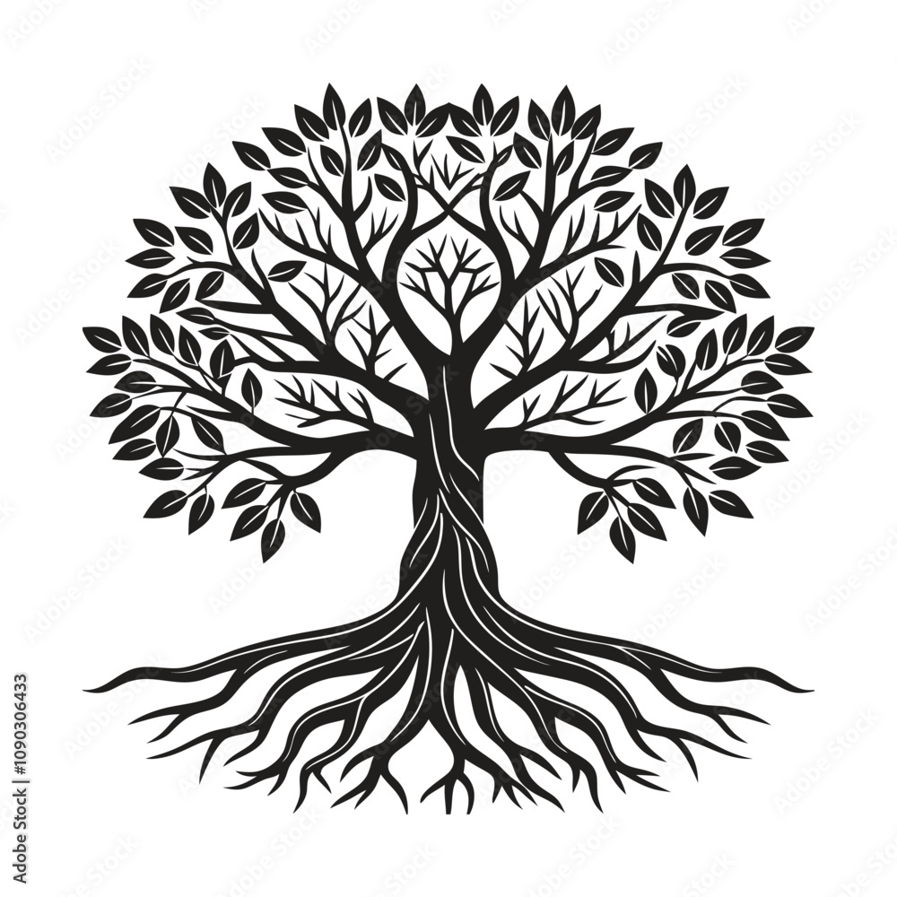 Obraz premium Tree with Roots Silhouette Vector Illustration Featuring Detailed and Elegant Tree Shapes with Root Designs