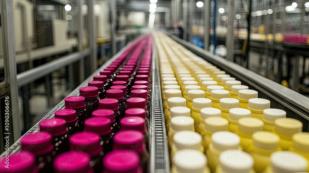 Obraz premium Industrial production line showcasing vibrant jars with pink and yellow lids in a large manufacturing facility, representing efficiency and modern technology in the food or cosmetic industry.