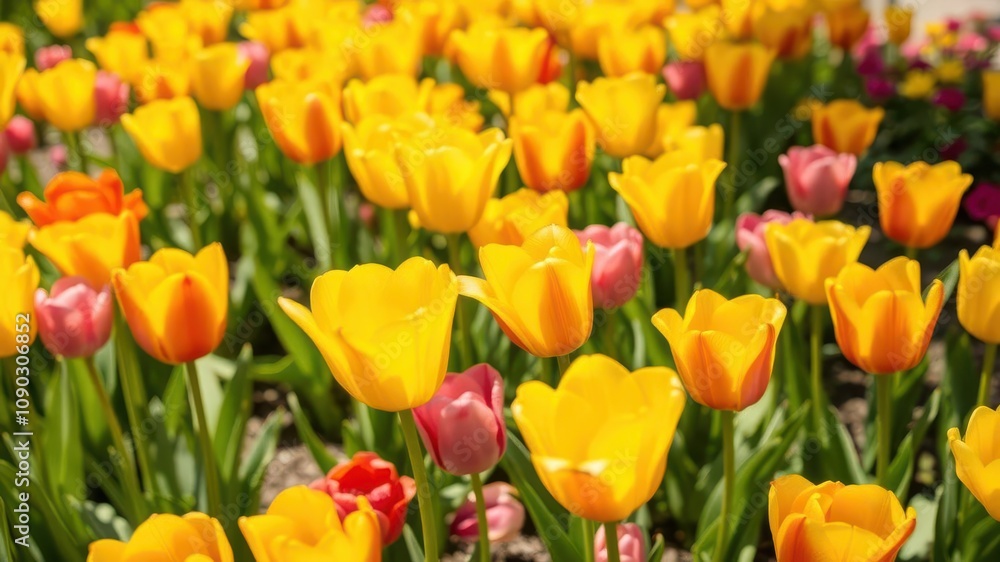 A stunning line of vibrant yellow tulips in full bloom, stretching elegantly across the frame, tulips, nature, sunny A stunning line of vibrant yellow tulips in full bloom, stretching elegantly across the frame, tulips, nature, sunny
