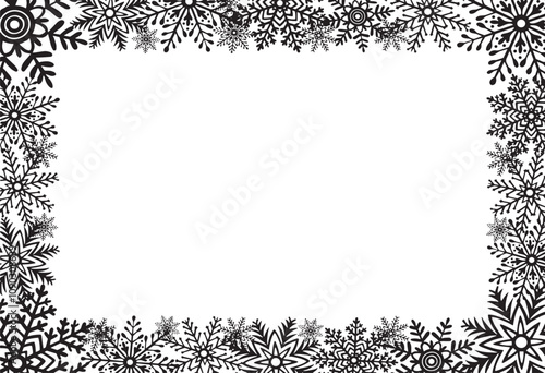 Snowflakes horizontal frame. Template postcard with copy space. Vector graphic illustration for Christmas or New Year. Ice stars for winter holiday design. Isolated clipart for web design, print, sale