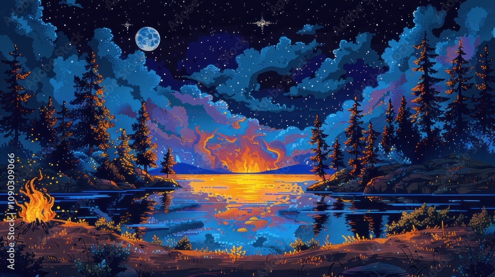 A digital painting of a starry night sky over a lake with a campfire on the shore. The lake reflects the orange and blue hues of the sky. A digital painting of a starry night sky over a lake with a campfire on the shore. The lake reflects the orange and blue hues of the sky.