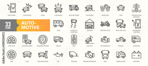 A collection of 33 automotive-themed icons, including vehicles, car components, maintenance symbols, and road safety elements, presented in a clean line-art style