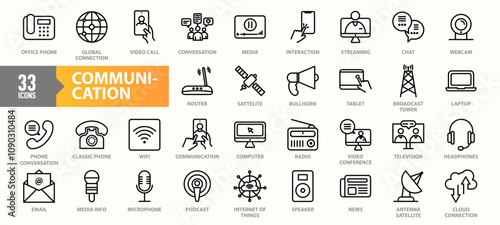 A set of 33 communication icons, representing modern and traditional methods like video calls, chat, email, broadcasting, media streaming, and Wi-Fi in a sleek line-art design