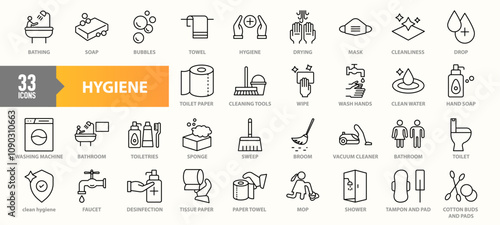 A set of 33 hygiene-themed icons representing cleanliness and sanitation essentials such as washing hands, soap, towels, cleaning tools, toilet paper, and personal care items in line-art style