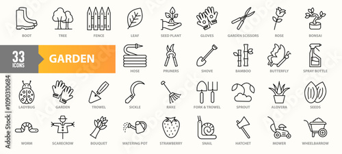 A collection of 33 garden-themed icons featuring tools, plants, and elements such as trowels, seeds, watering pots, gloves, sprout, mower, and scarecrow, designed in a clean line-art style