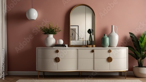 Modern white dresser with gold accents, arched mirror, and home decor against a dusty rose wall. photo