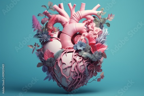 Hyper-Realistic Sci-Fi Heart Featuring Light Cyan and Pink Elements photo