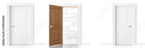 White wooden modern interior door collection set with various open and closed positions isolated on white background, isolated, door, modern photo