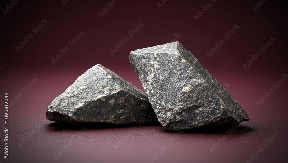 Two rough stones resting on a surface with a gradient background. Two rough stones resting on a surface with a gradient background.