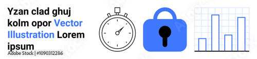 Stopwatch, lock, and bar chart icons representing time management, security, and data analysis. Ideal for business presentations, project management, security briefings, data reports, time tracking