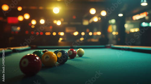 A brightly lit snooker table, full of balls, makes a great backdrop for sports ads. photo