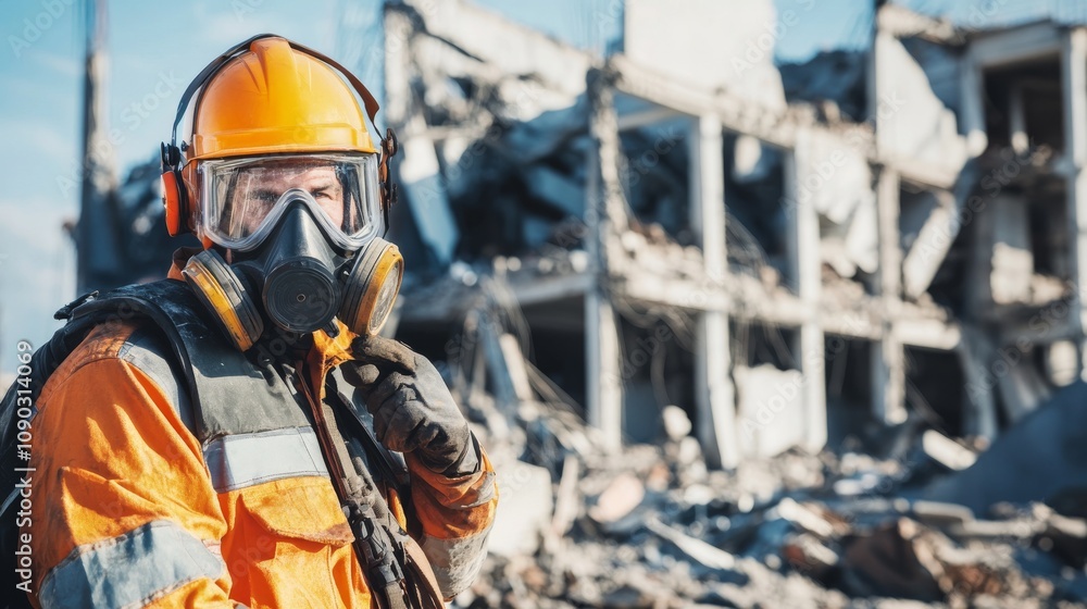 Obraz premium A demolition worker in a protective suit and helmet, handling explosives and looking into the camera, with demolished building structures and rubble behind