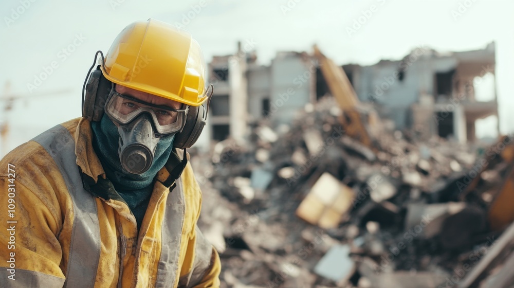 A demolition worker in a protective suit and helmet, handling explosives and looking into the camera, with demolished building structures and rubble behind A demolition worker in a protective suit and helmet, handling explosives and looking into the camera, with demolished building structures and rubble behind