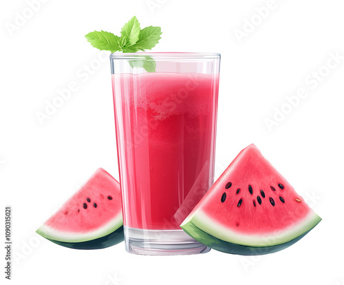Watermelon smoothie in a glass with a watermelon slice, isolated on a white background, PNG transparent