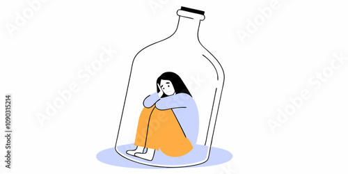 Female alcoholism concept. Unhappy woman sitting at empty alcohol drink bottle bottom hugging her knees. Sad drunk wife or alcoholic mother. Social issue, abuse, addiction. Flat vector Illustration