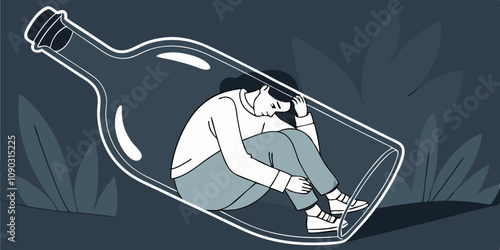 Female alcoholism concept. Unhappy woman sitting at empty alcohol drink bottle bottom hugging her knees. Sad drunk wife or alcoholic mother. Social issue, abuse, addiction. Flat vector Illustration