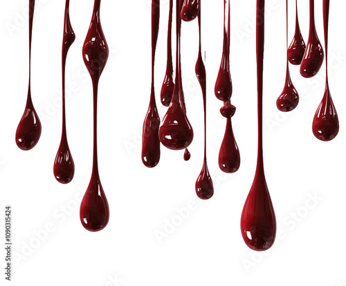 Red liquid drops dripping, isolated on a white background, PNG transparent