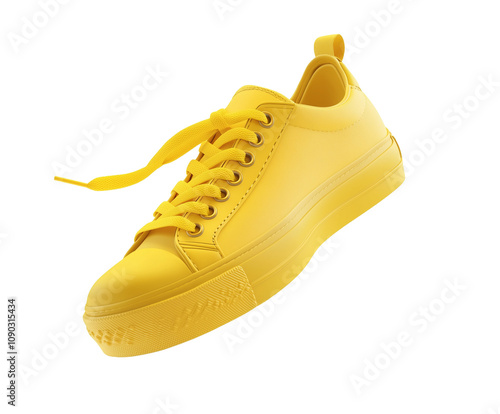 Yellow sneaker floating with untied laces, isolated on a white background, PNG transparent