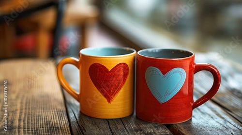 Two Coffee Mugs with Hearts. Business meetings, social interaction, friendship day, besties, brothers, teamwork, cafe culture, afternoon tea time
