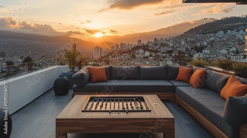 Rooftop Patio with City Skyline and Sunset View photo