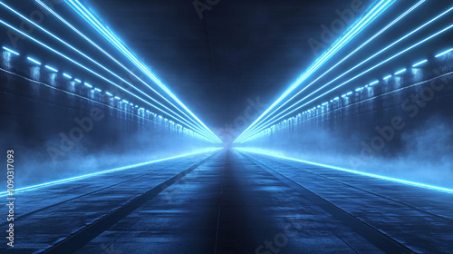 Cars zoom past the finish line on a misty track, lit by bright blue spotlights.  A digital 3D image. photo