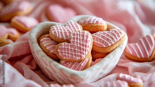 A heart-shaped cookie box filled with pink and white striped cookies decorated in the pattern of checkered hearts for a Valentine's Day, featuring love-themed food items or treats.