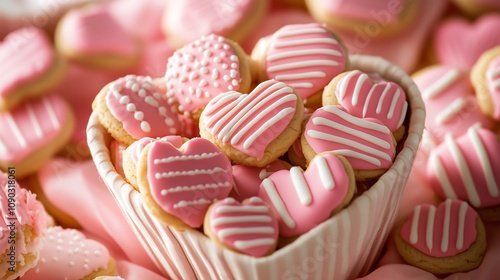 A heart-shaped cookie box filled with pink and white striped cookies decorated in the pattern of checkered hearts for a Valentine's Day, featuring love-themed food items or treats.