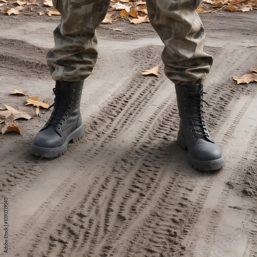 Man's legs in military boots standing on sandy ground, outdoor setting
 photo