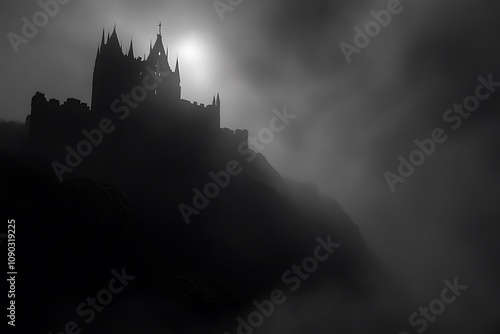 A dark castle silhouette looms against a foggy, moonlit sky, evoking mystery and intrigue.