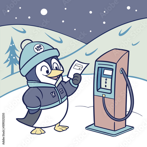 Cheerful Penguin at an Arctic-Themed Gas Station