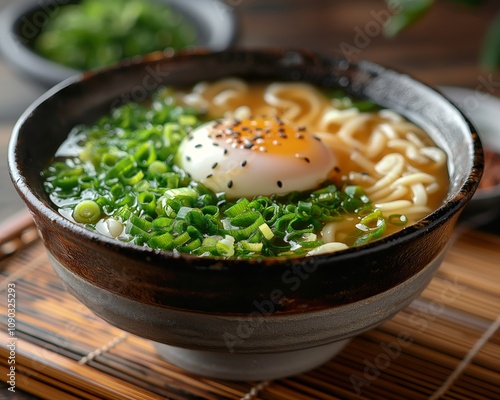 A comforting bowl of Japanese ramen with a perfectly cooked egg and a sprinkle of green onions, inviting you to enjoy its warmth and flavor.