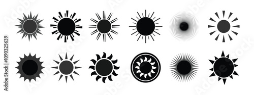 Set of Vector sun icons with varied rays. Sun icons feature different ray styles. Perfect for designs needing sun icons with unique ray patterns. Weather icons, isolated vector element set.