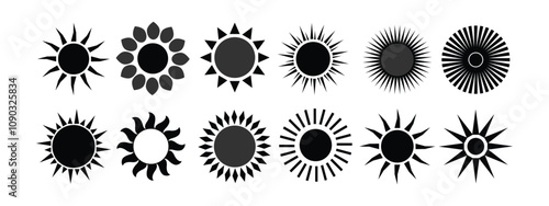 Set of Vector sun icons with varied rays. Sun icons feature different ray styles. Perfect for designs needing sun icons with unique ray patterns. Weather icons, isolated vector element set.