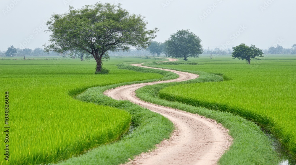 Naklejka premium Winding Dirt Path through Lush Green Rice Fields with Trees on Either Side under a Misty Sky in Tranquil Countryside Setting