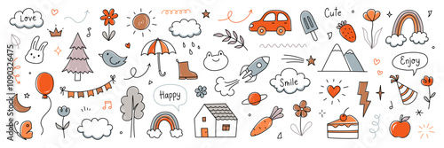 Cute kid background line tree, cloud, flower icon. Hand drawn doodle sketch kid art element pattern. Flower, animal, cloud children draw style design element background. Vector illustration