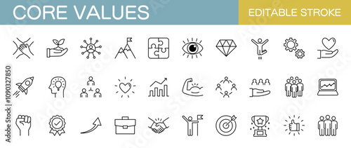 Core values line icons set. Editable stroke.